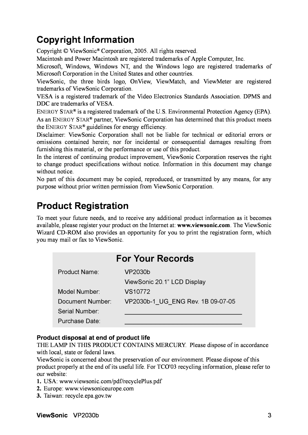 ViewSonic VP2030B Copyright Information, Product Registration, For Your Records, Product disposal at end of product life 