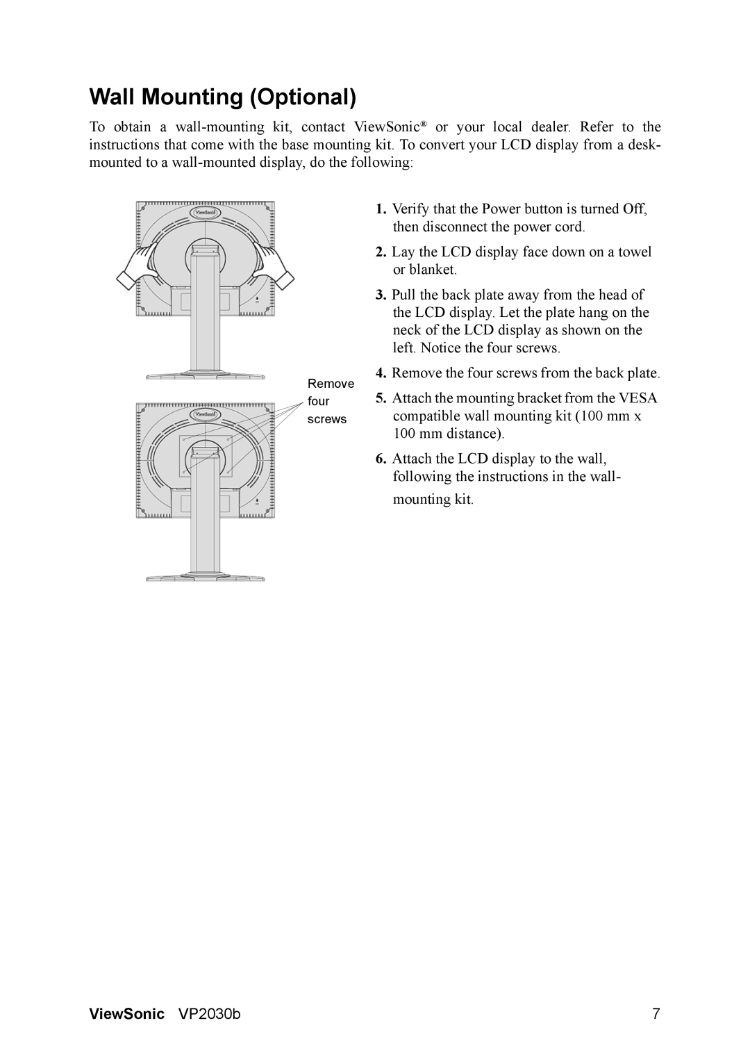 ViewSonic VP2030B manual Wall Mounting Optional 