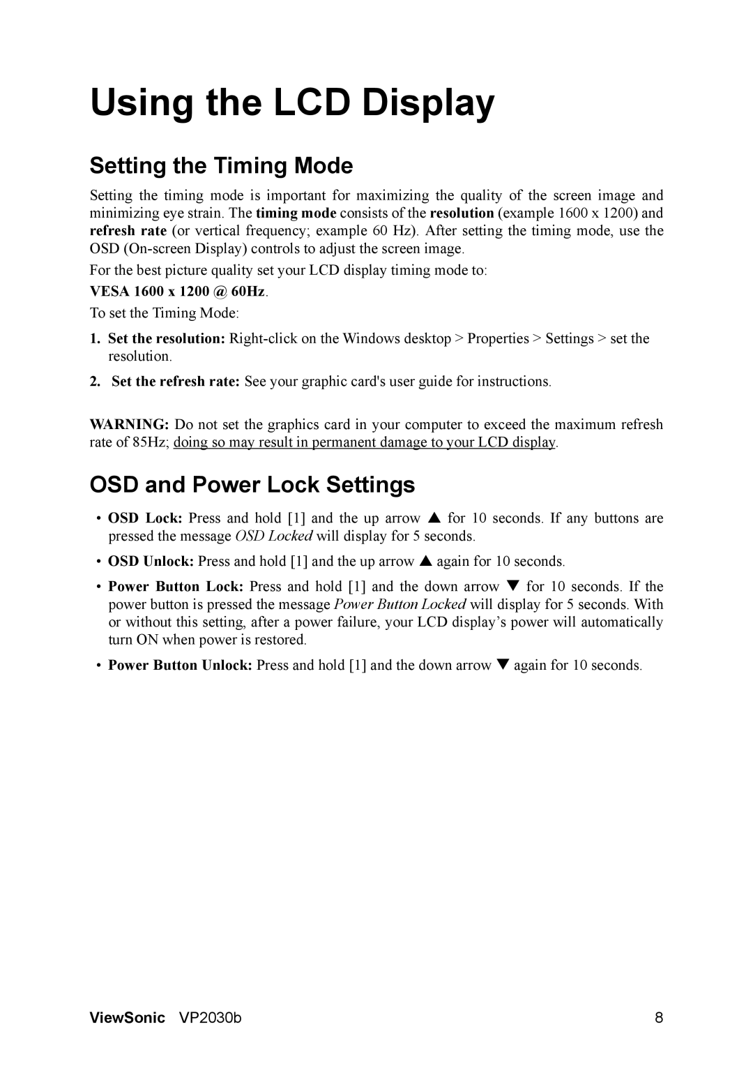 ViewSonic VP2030B manual Using the LCD Display, Setting the Timing Mode, OSD and Power Lock Settings 