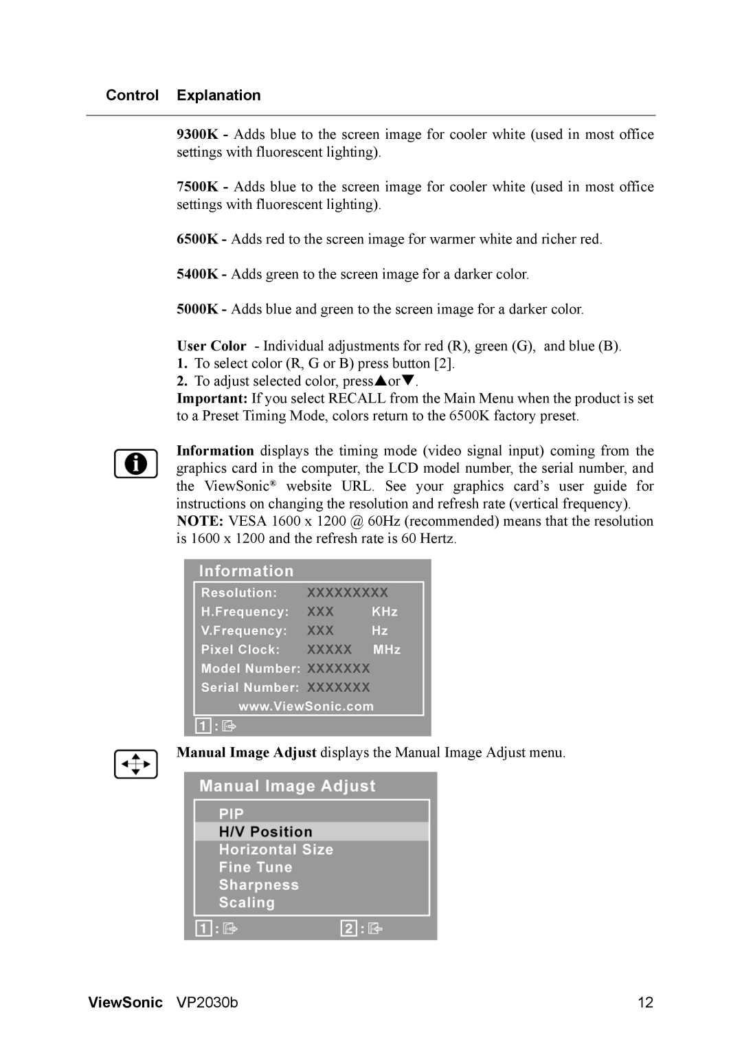 ViewSonic VP2030B manual Control Explanation 