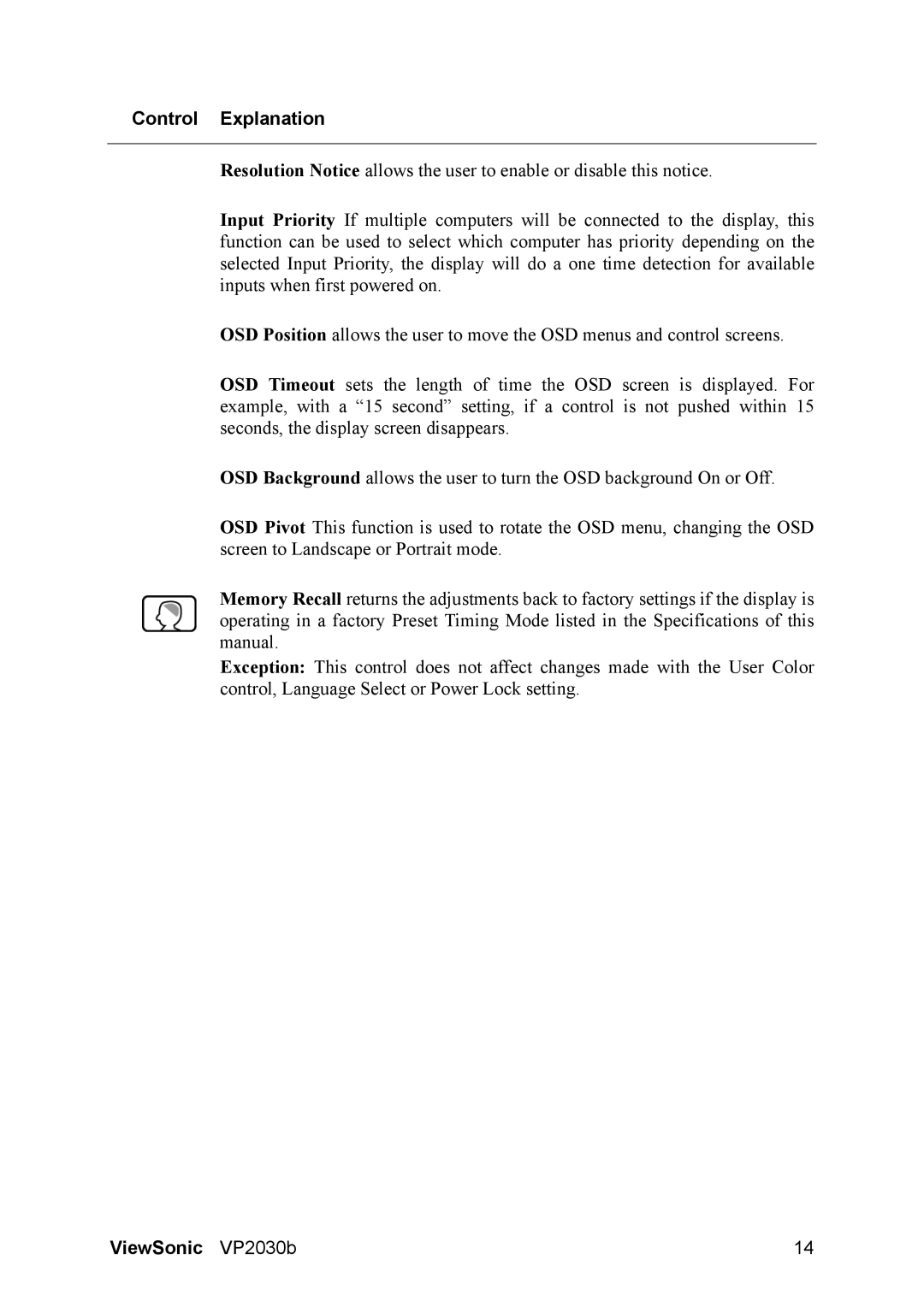 ViewSonic VP2030B manual Control Explanation 