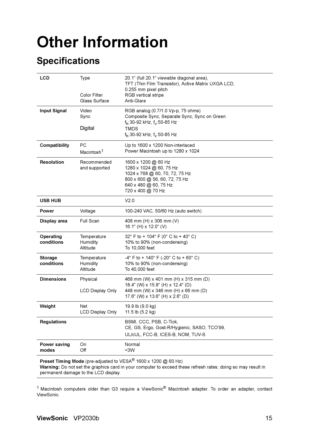 ViewSonic VP2030B manual Other Information, Specifications 