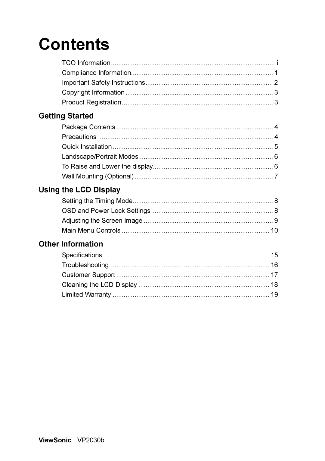 ViewSonic VP2030B manual Contents 