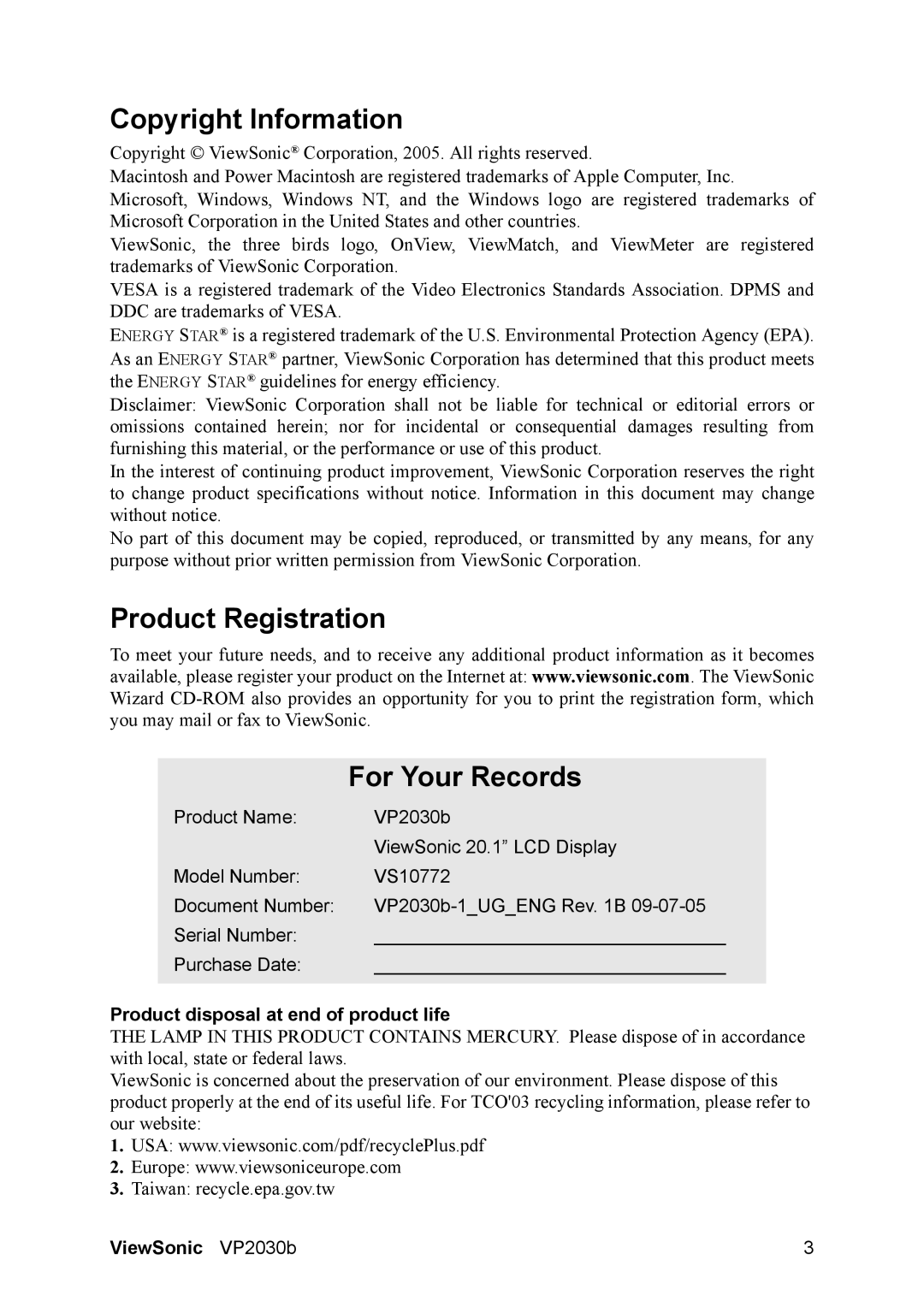 ViewSonic VP2030B Copyright Information, Product Registration For Your Records, Product disposal at end of product life 