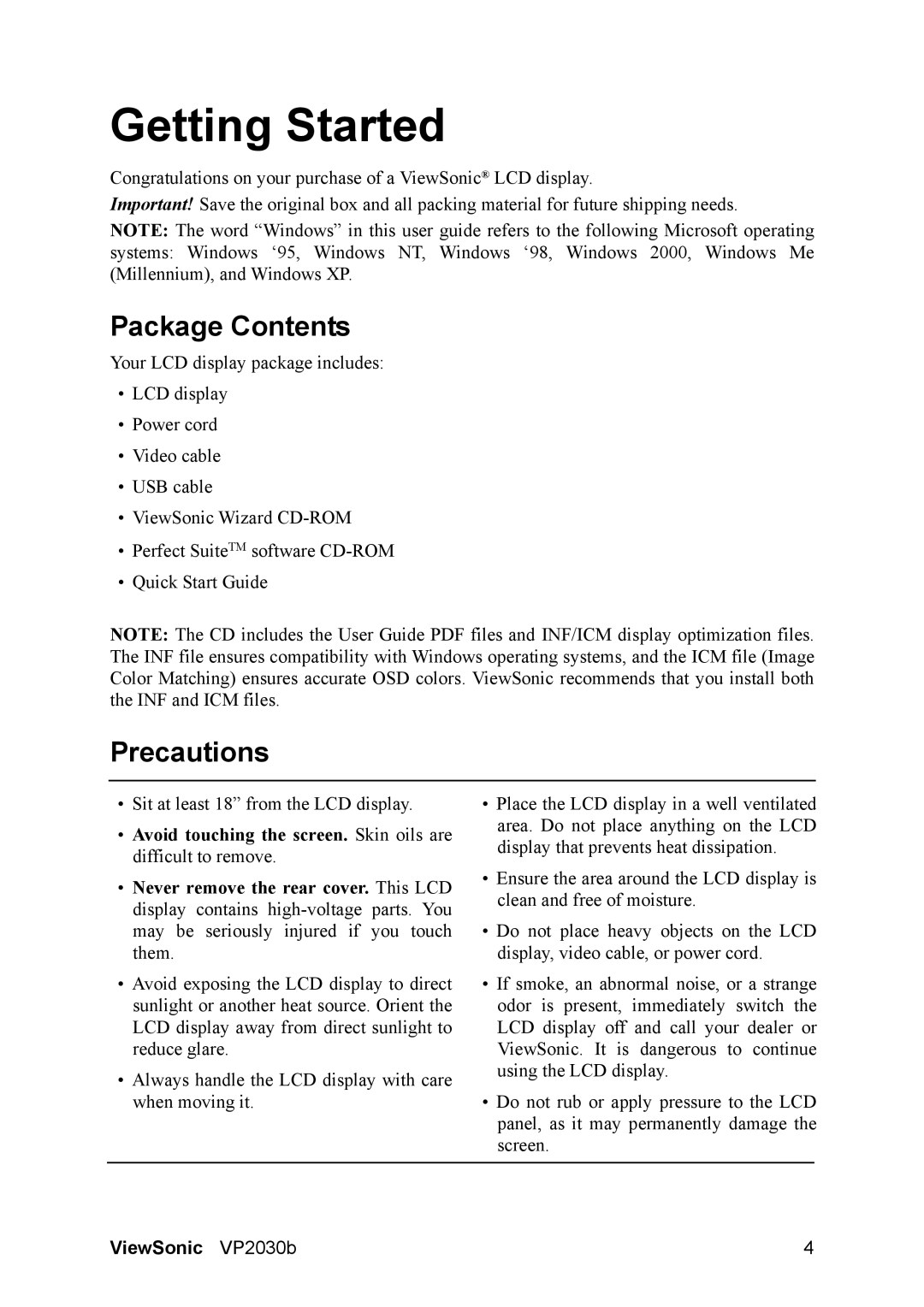 ViewSonic VP2030B manual Getting Started, Package Contents, Precautions 