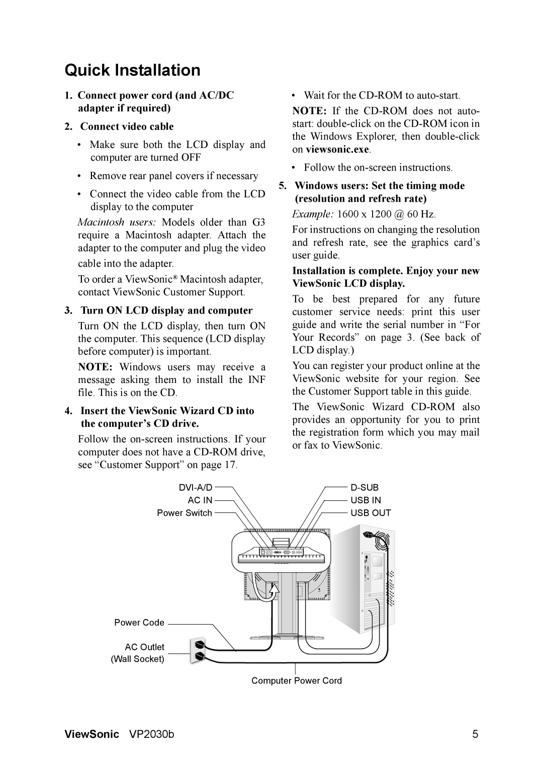 ViewSonic VP2030B manual Quick Installation, Turn on LCD display and computer 