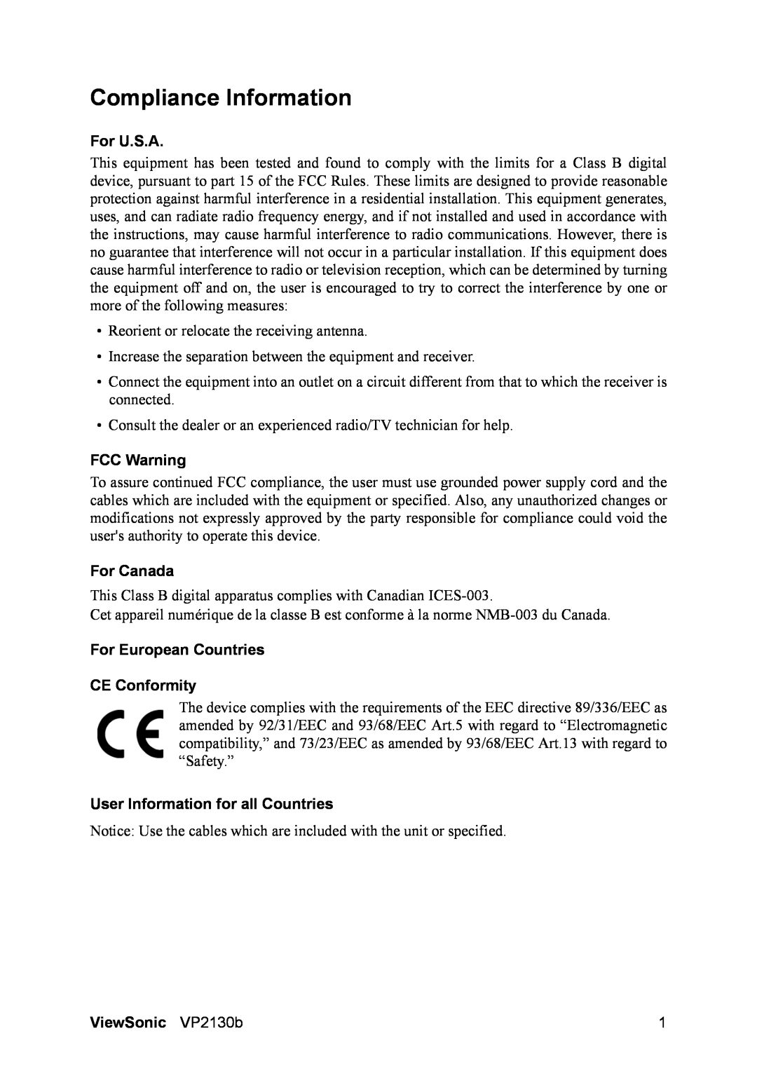 ViewSonic VP2130B manual Compliance Information, For U.S.A, FCC Warning, For Canada, For European Countries CE Conformity 