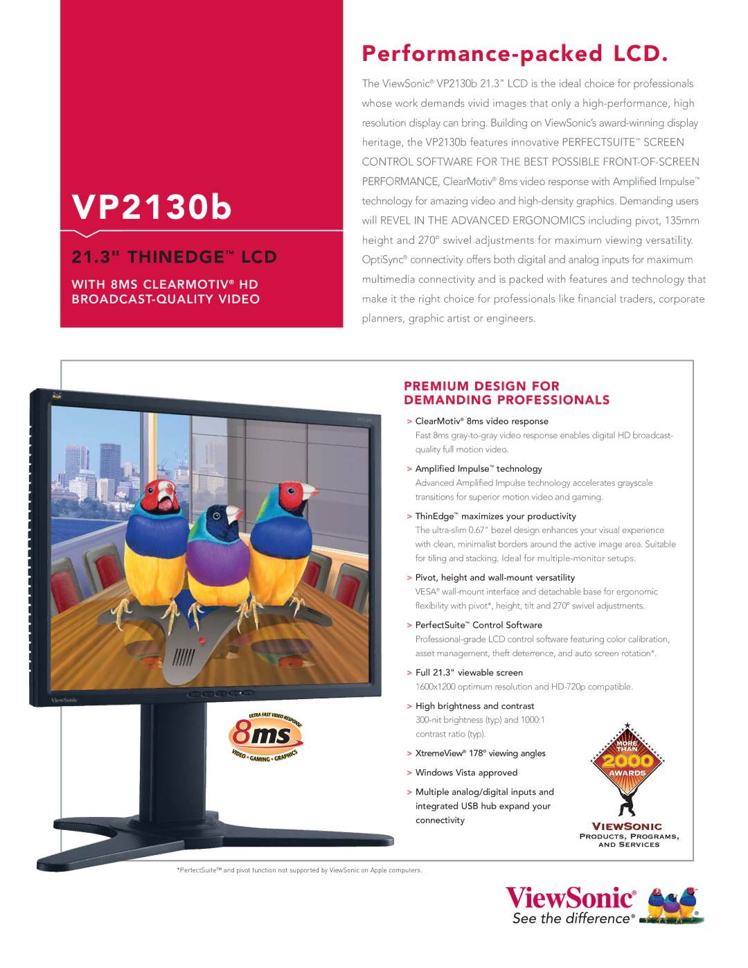 ViewSonic VP2130P manual 1600x1200 optimum resolution and HD-720p compatible 