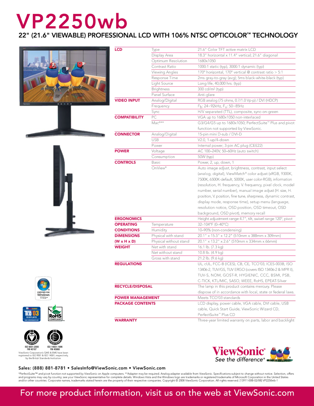 ViewSonic VP2250WB Lcd, Video Input, Compatibility, Connector, Power, Controls, Ergonomics, Operating, Conditions, Weight 