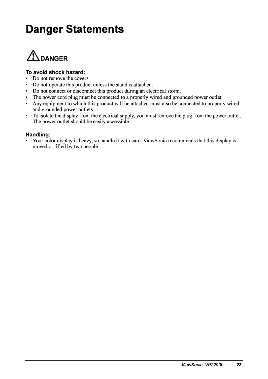 ViewSonic VP2290B manual Danger Statements, To avoid shock hazard, Handling 