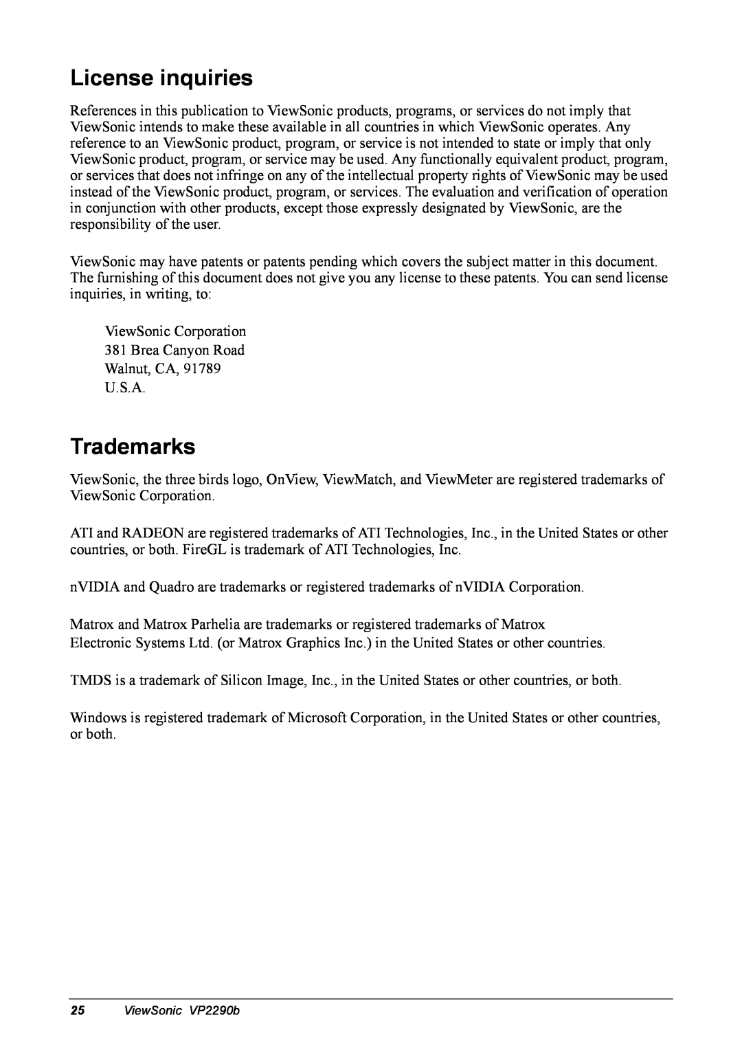 ViewSonic VP2290B manual License inquiries, Trademarks 