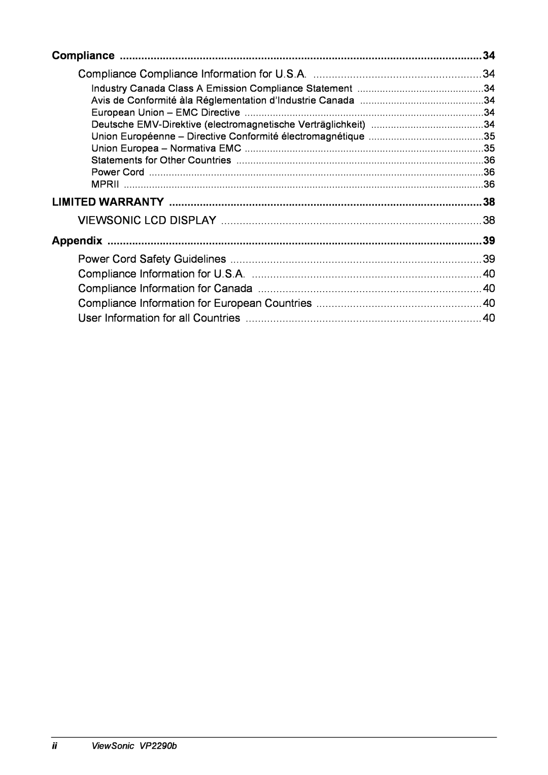 ViewSonic VP2290B manual Compliance, Limited Warranty, Appendix 