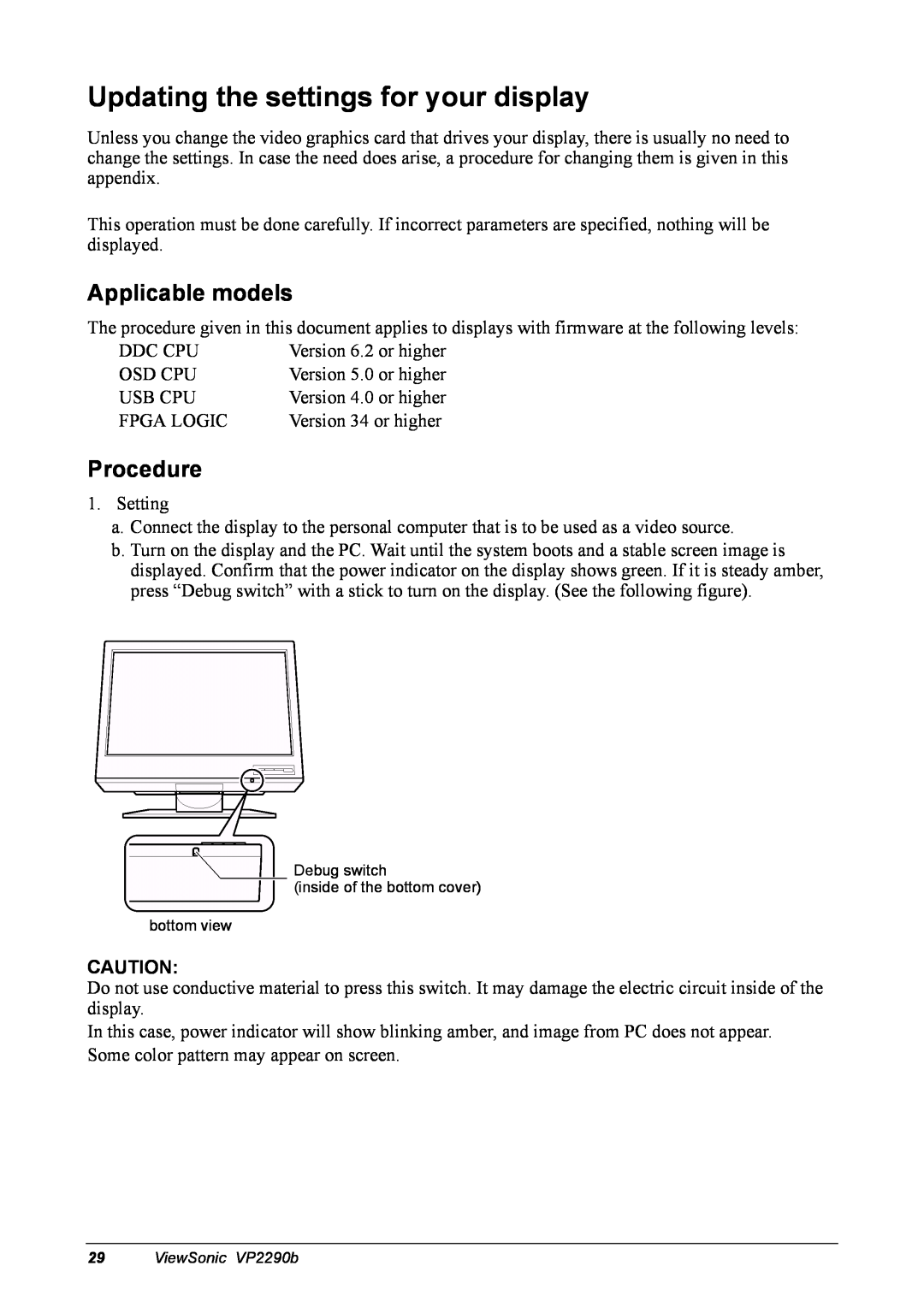 ViewSonic VP2290B manual Updating the settings for your display, Applicable models, Procedure 