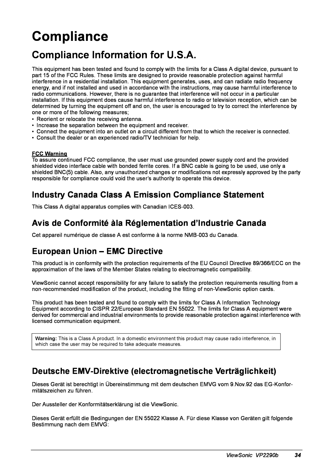 ViewSonic VP2290B Compliance Information for U.S.A, Industry Canada Class A Emission Compliance Statement, FCC Warning 