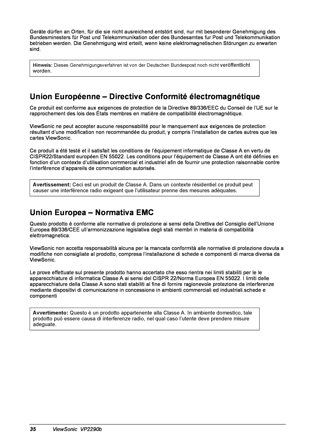 ViewSonic VP2290B manual Union Européenne - Directive Conformité électromagnétique, Union Europea - Normativa EMC 