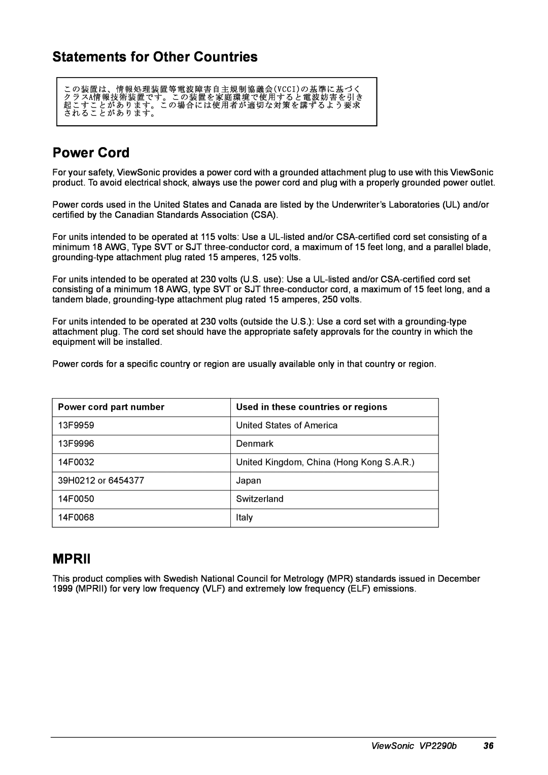 ViewSonic VP2290B manual Statements for Other Countries Power Cord, Mprii, Power cord part number, ViewSonic VP2290b 