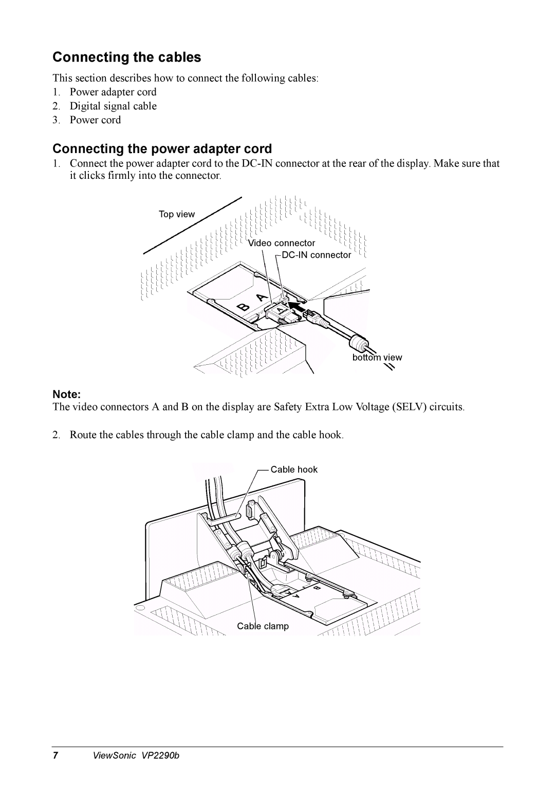 ViewSonic VP2290B manual Connecting the cables, Connecting the power adapter cord 