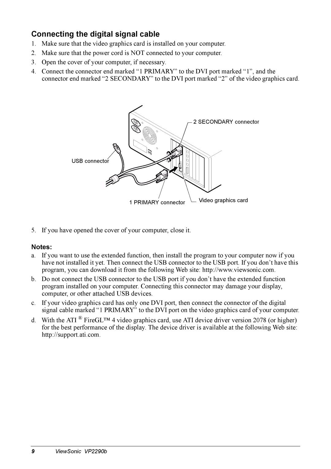 ViewSonic VP2290B manual Connecting the digital signal cable 