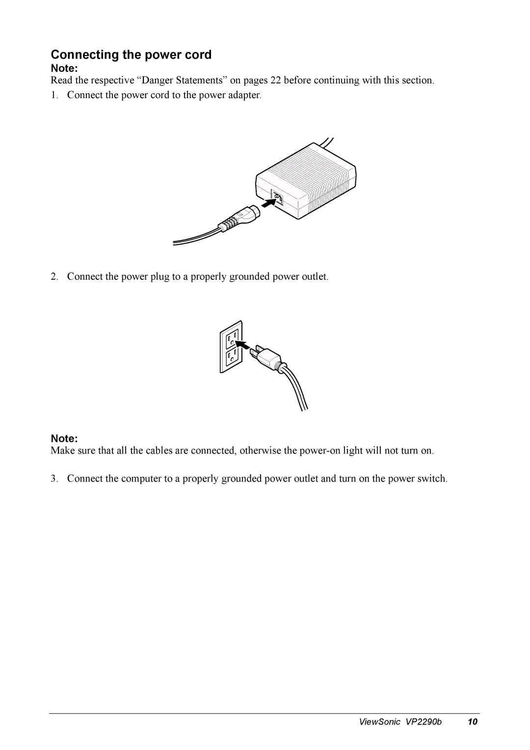 ViewSonic VP2290B manual Connecting the power cord 