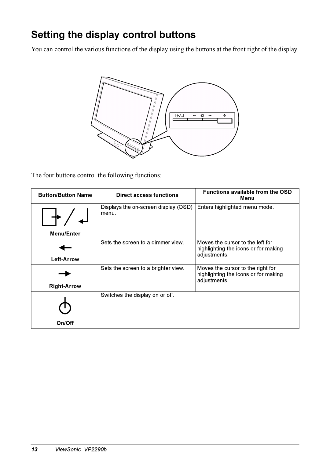 ViewSonic VP2290B manual Setting the display control buttons, Menu/Enter, Left-Arrow, Right-Arrow, On/Off 