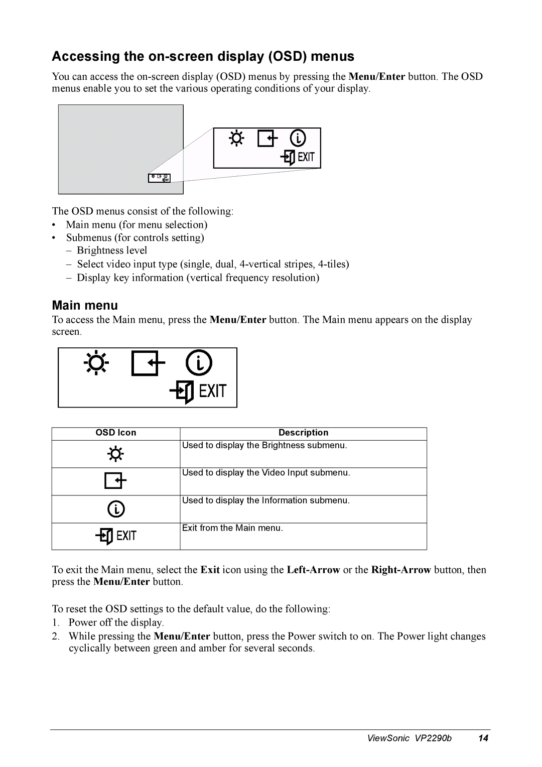 ViewSonic VP2290B manual Accessing the on-screen display OSD menus, Main menu, OSD Icon Description 