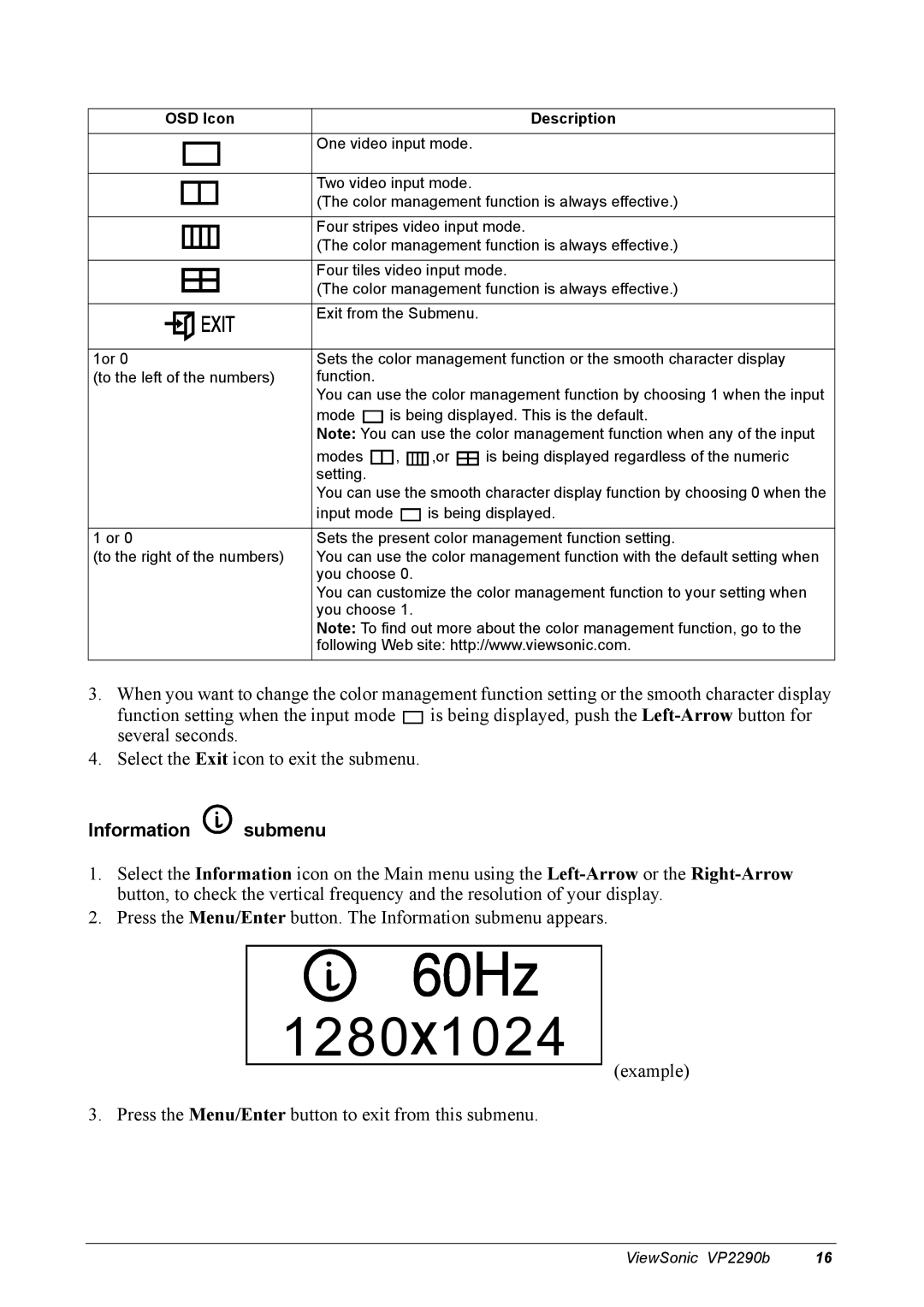 ViewSonic VP2290B manual Information submenu 