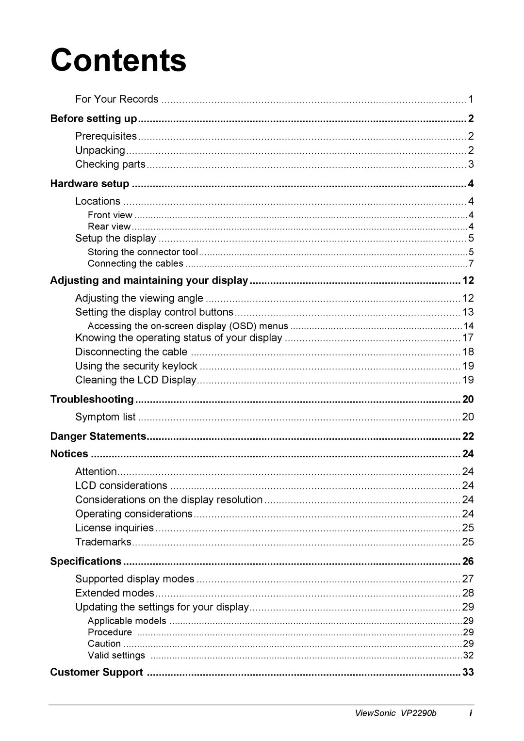 ViewSonic VP2290B manual Contents 