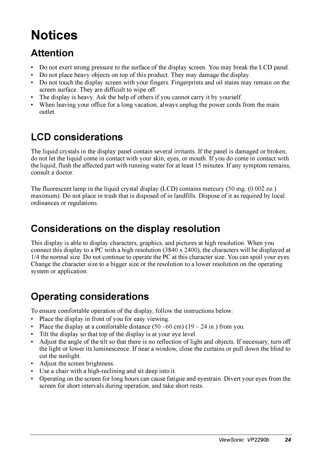 ViewSonic VP2290B manual LCD considerations, Considerations on the display resolution, Operating considerations 