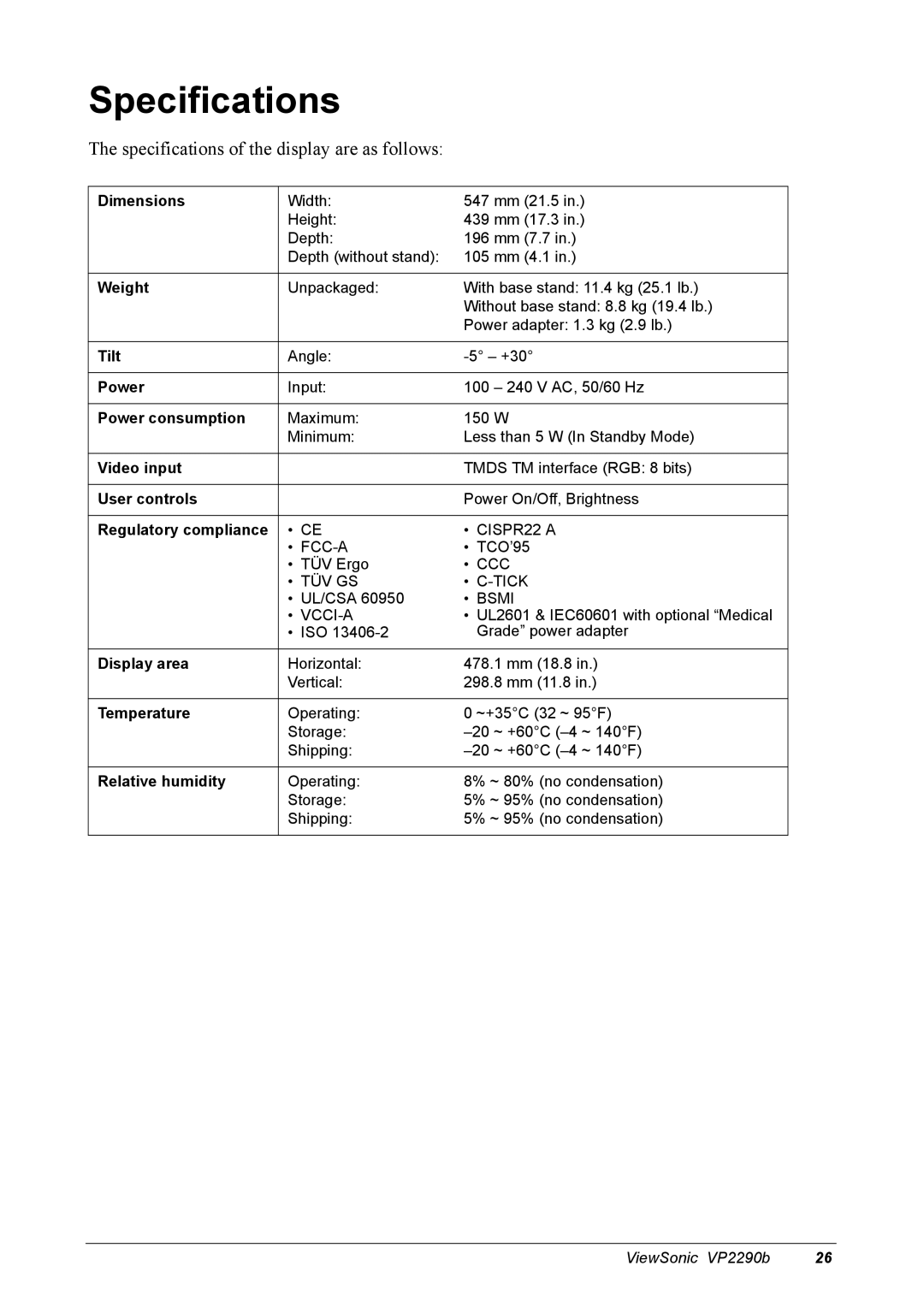 ViewSonic VP2290B manual Specifications 