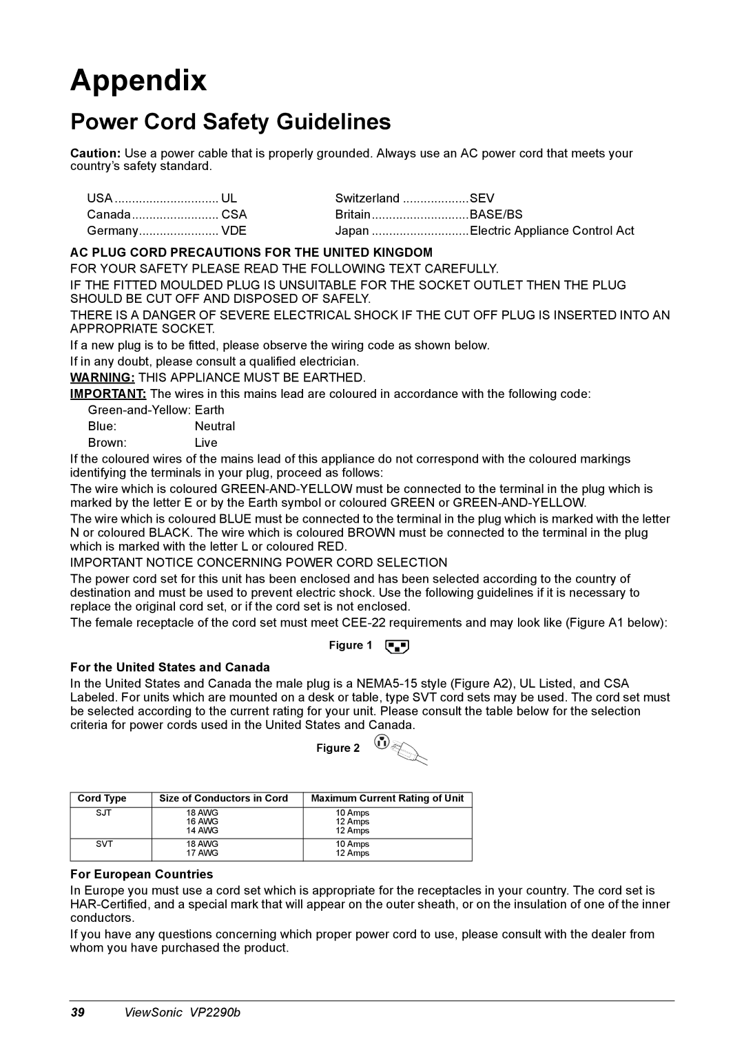 ViewSonic VP2290B manual Appendix, Power Cord Safety Guidelines, For the United States and Canada, For European Countries 