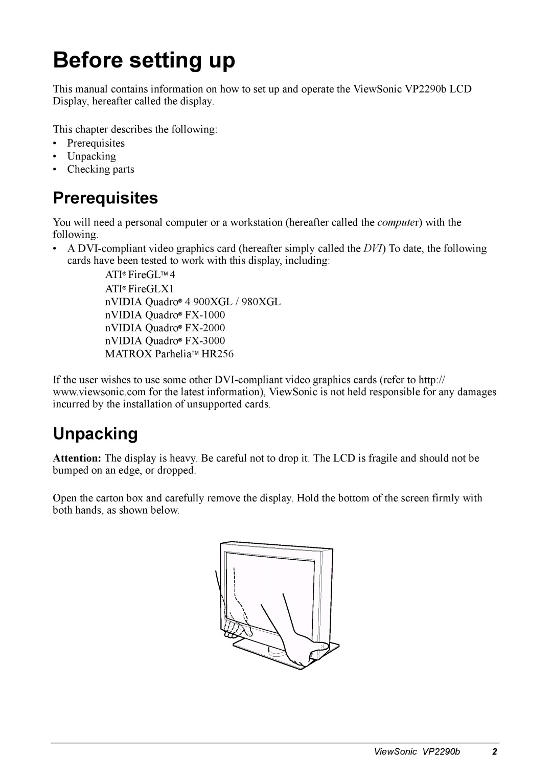 ViewSonic VP2290B manual Before setting up, Prerequisites, Unpacking 