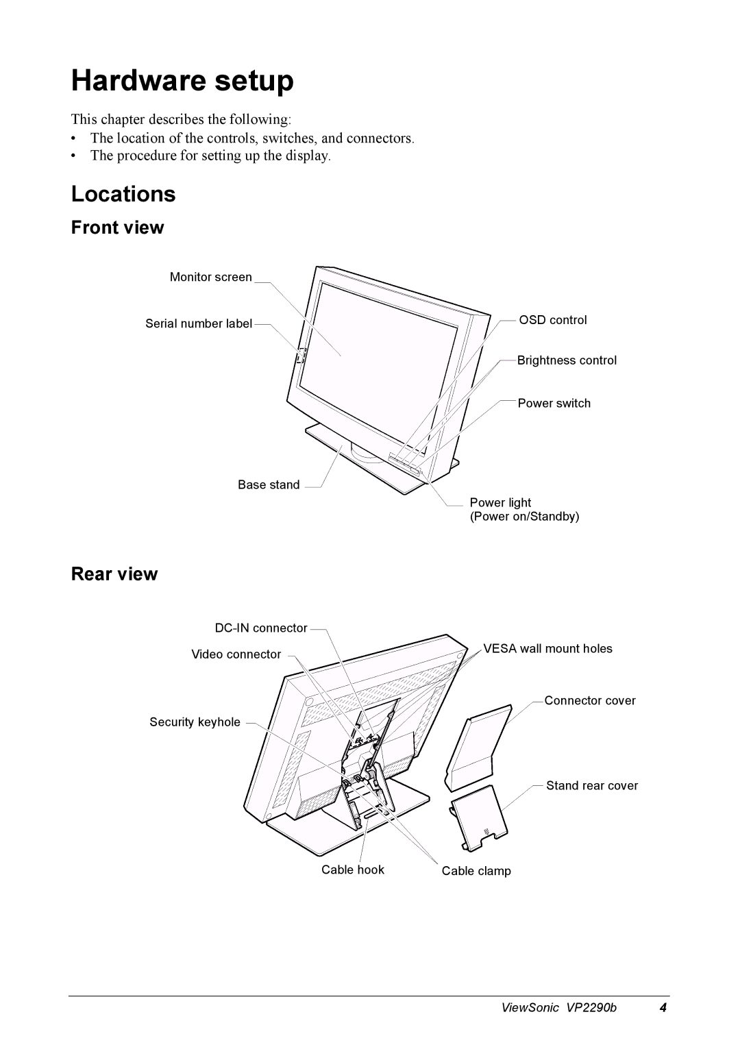 ViewSonic VP2290B manual Hardware setup, Locations, Front view, Rear view 