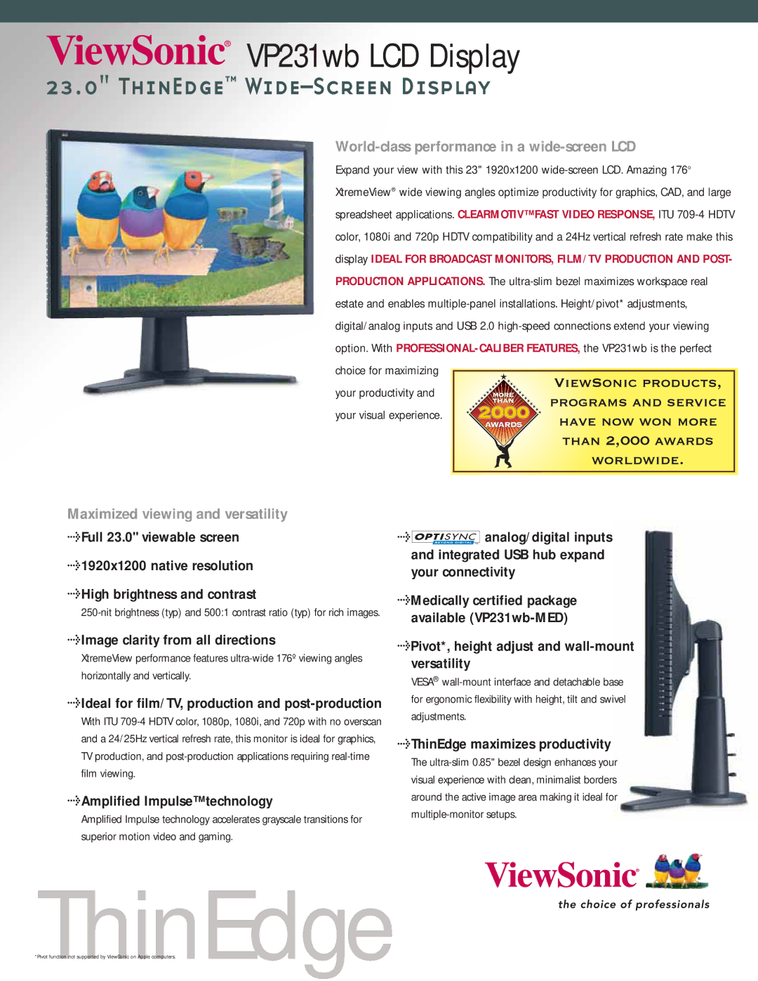 ViewSonic VP231wb manual World-class performance in a wide-screen LCD, Maximized viewing and versatility 