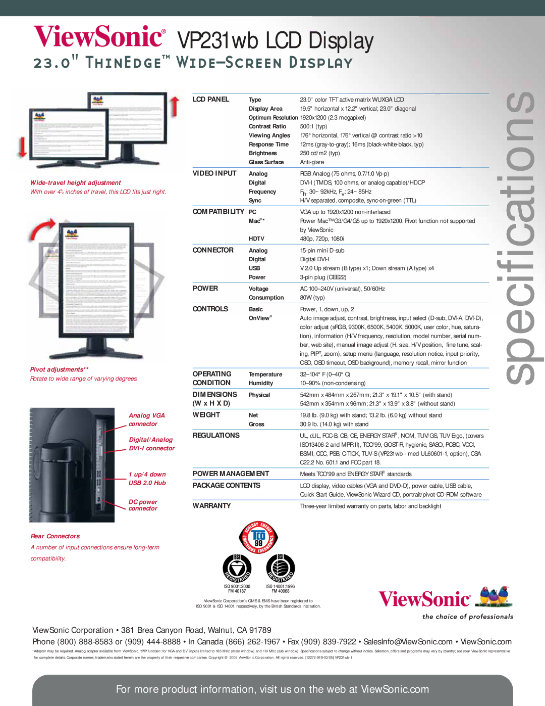 ViewSonic VP231wb LCD Panel, Video Input, Connector, Power, Controls, Operating, Condition, Dimensions, Weight, Warranty 