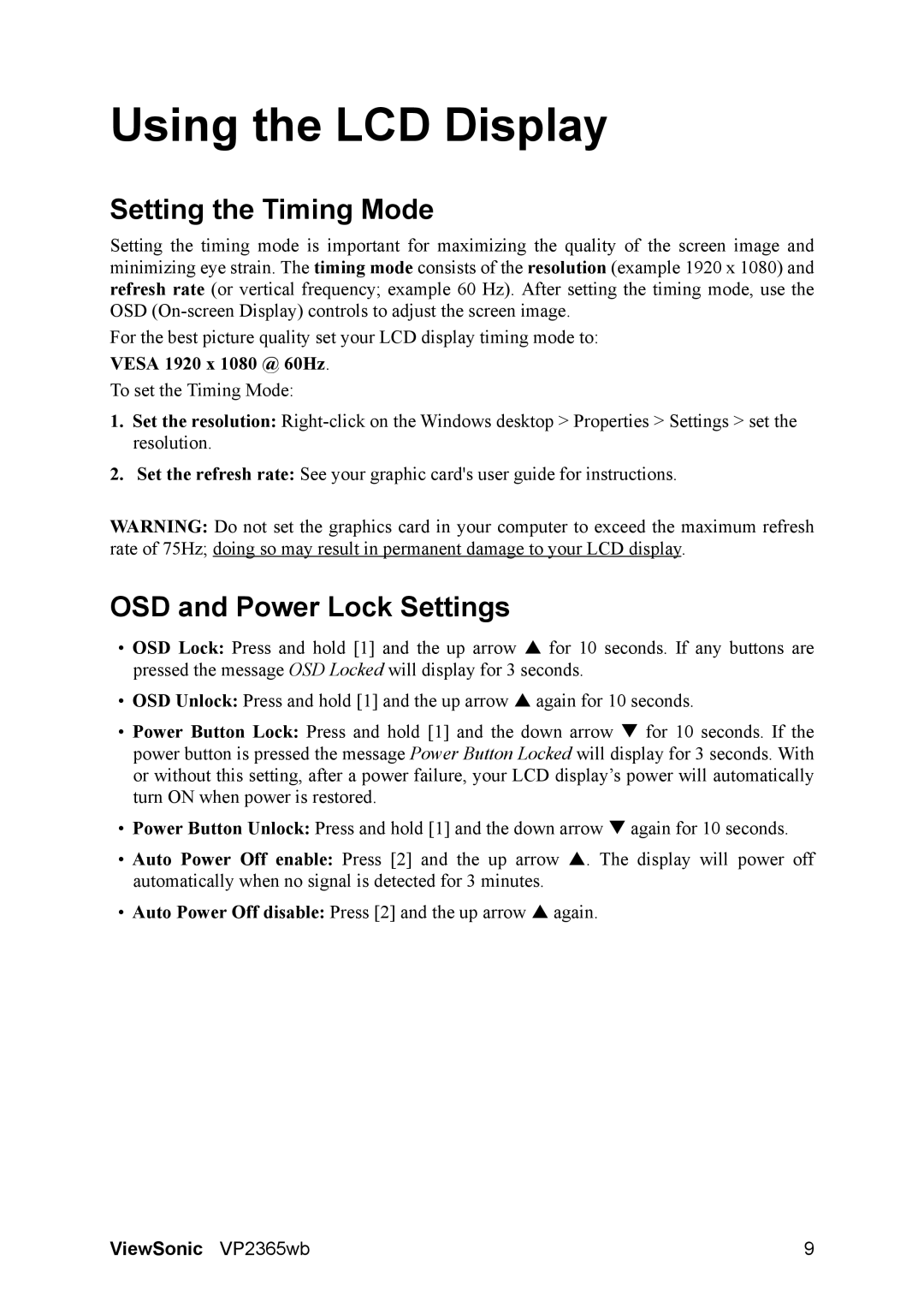 ViewSonic VP2365WB warranty Setting the Timing Mode, OSD and Power Lock Settings 