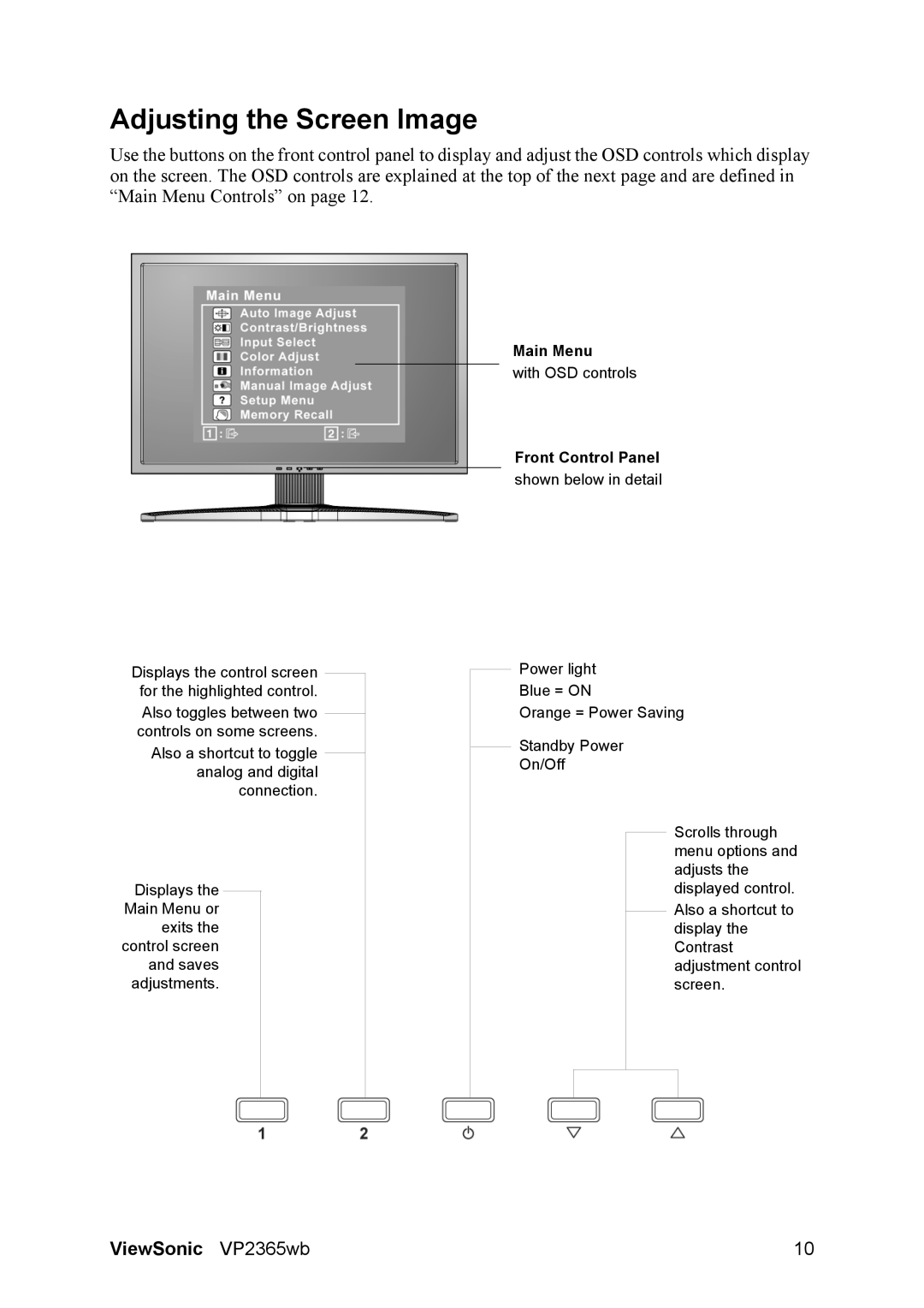 ViewSonic VP2365WB warranty Adjusting the Screen Image, Front Control Panel 