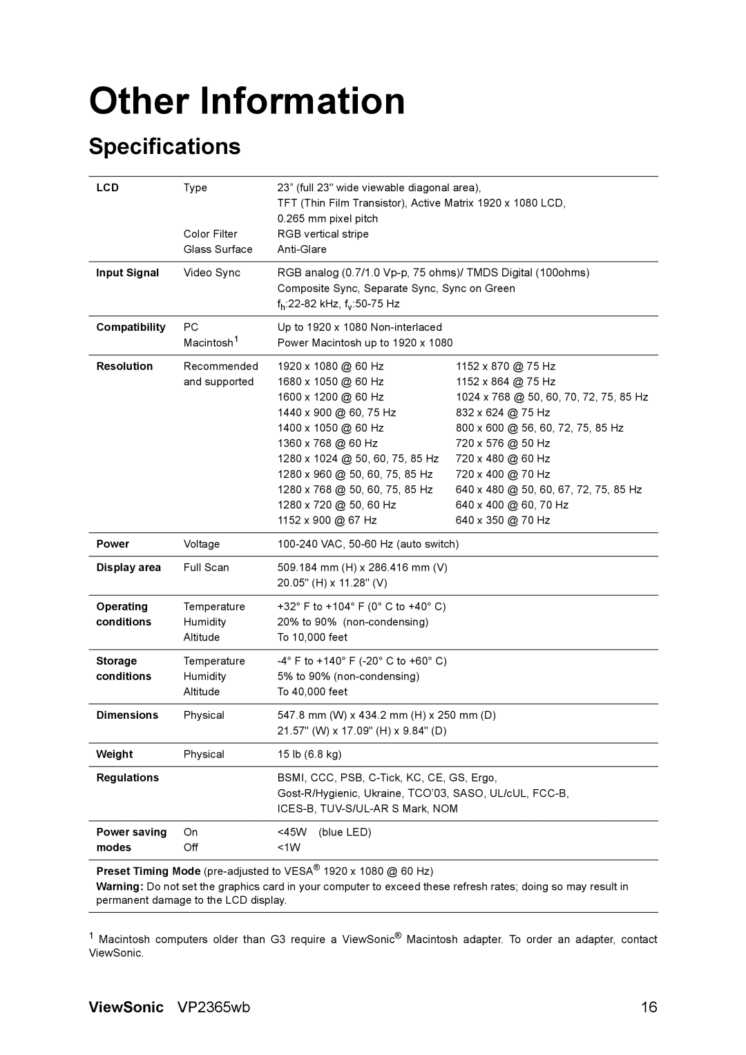 ViewSonic VP2365WB warranty Other Information, Specifications 