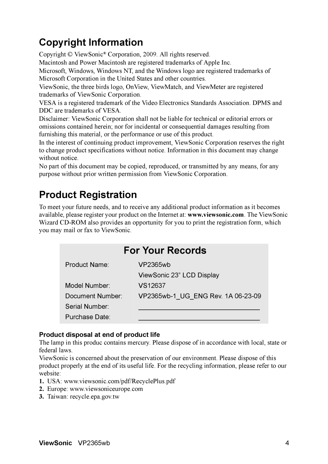 ViewSonic VP2365WB Copyright Information, Product Registration For Your Records, Product disposal at end of product life 