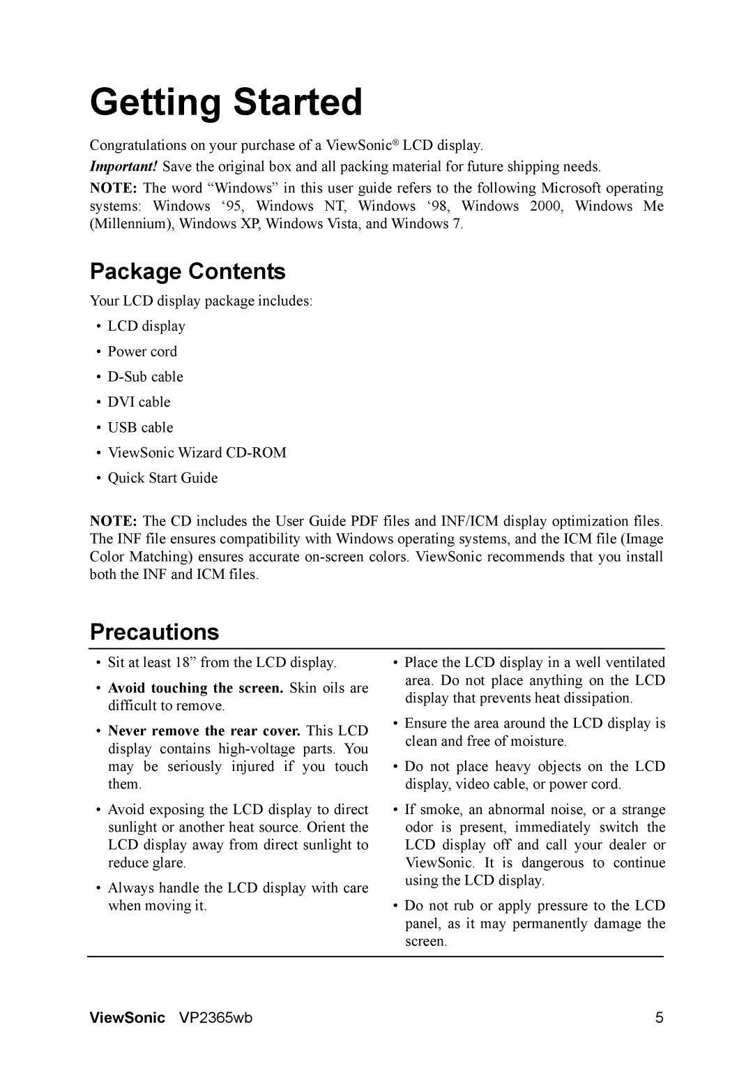 ViewSonic VP2365WB warranty Package Contents, Precautions 