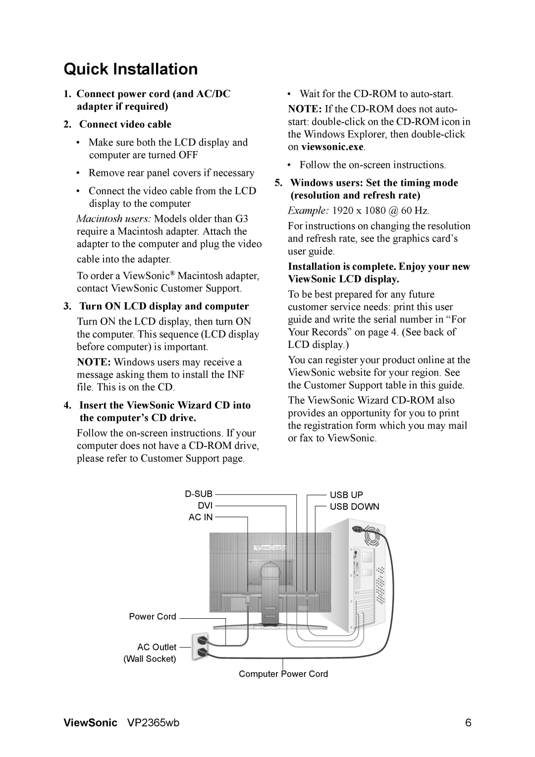 ViewSonic VP2365WB warranty Quick Installation, Turn on LCD display and computer 