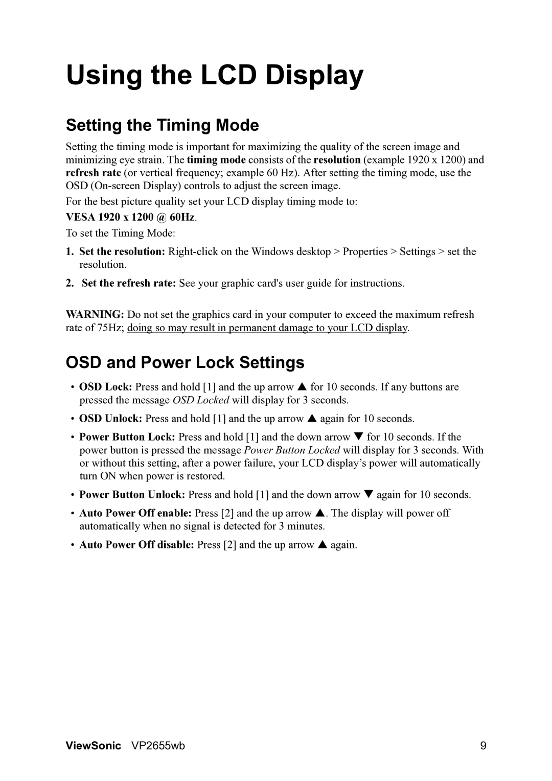 ViewSonic VP2655WB warranty Setting the Timing Mode, OSD and Power Lock Settings 