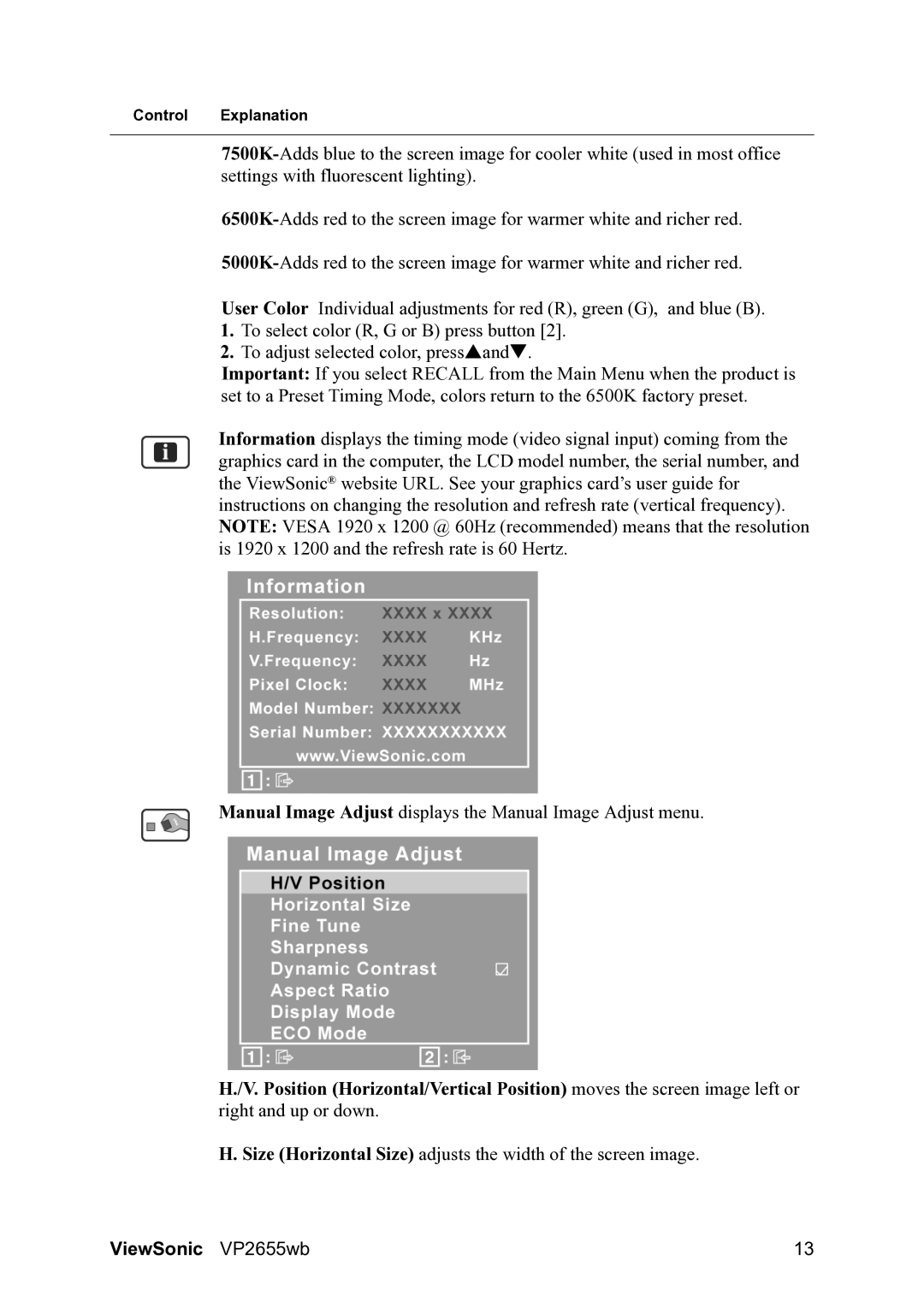 ViewSonic VP2655WB warranty Size Horizontal Size adjusts the width of the screen image 