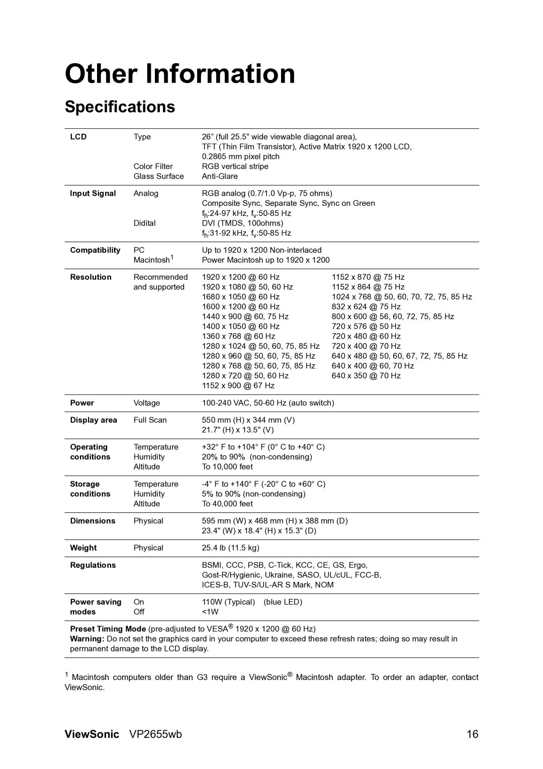 ViewSonic VP2655WB warranty Other Information, Specifications 