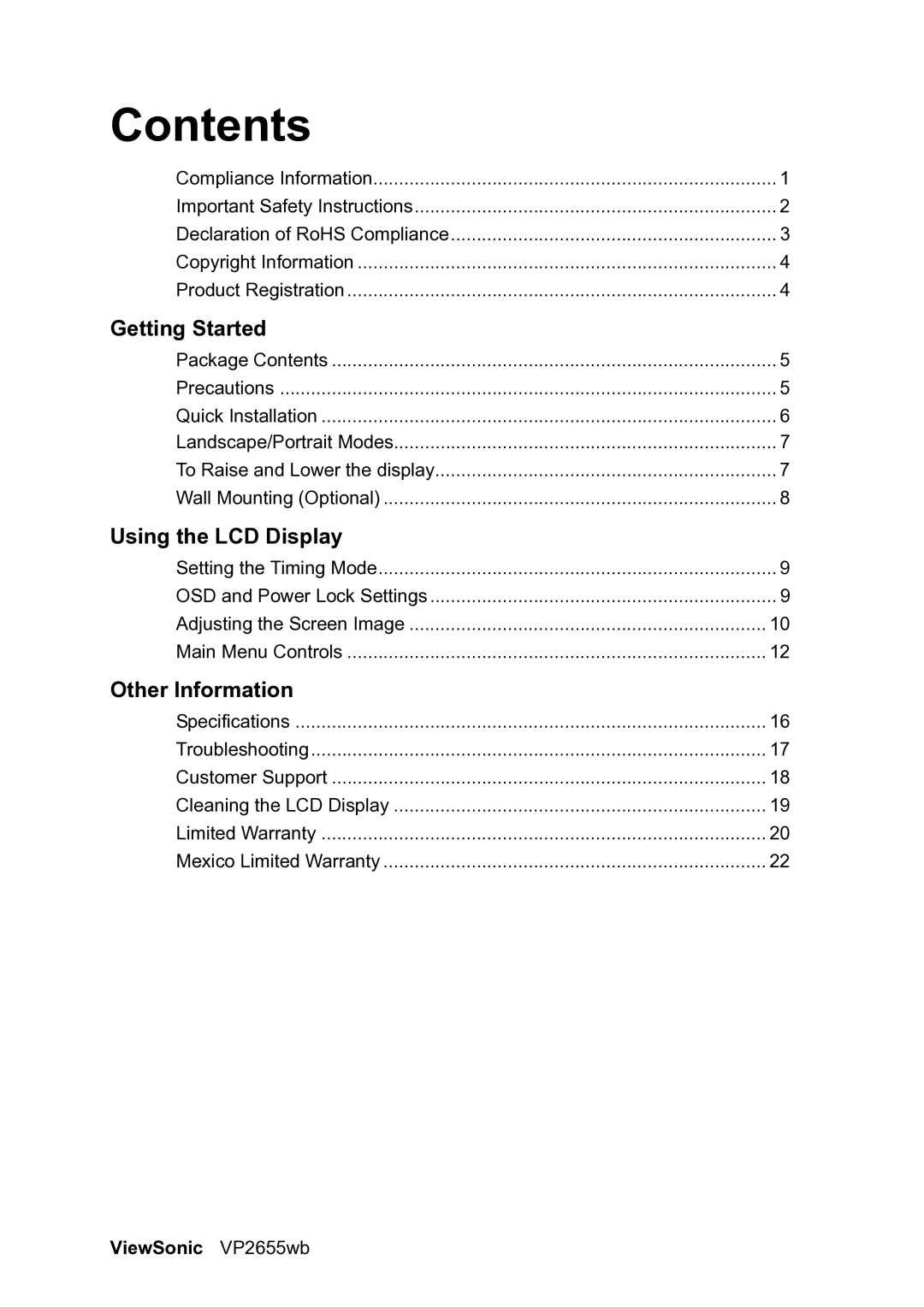 ViewSonic VP2655WB warranty Contents 