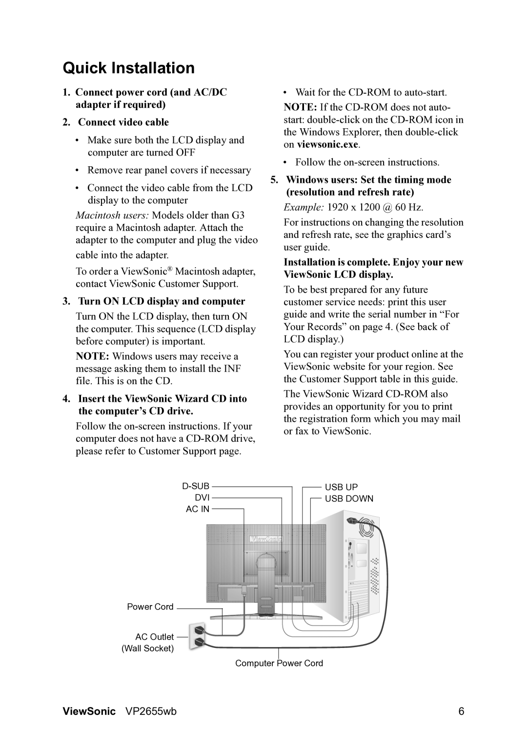 ViewSonic VP2655WB warranty Quick Installation, Turn on LCD display and computer 