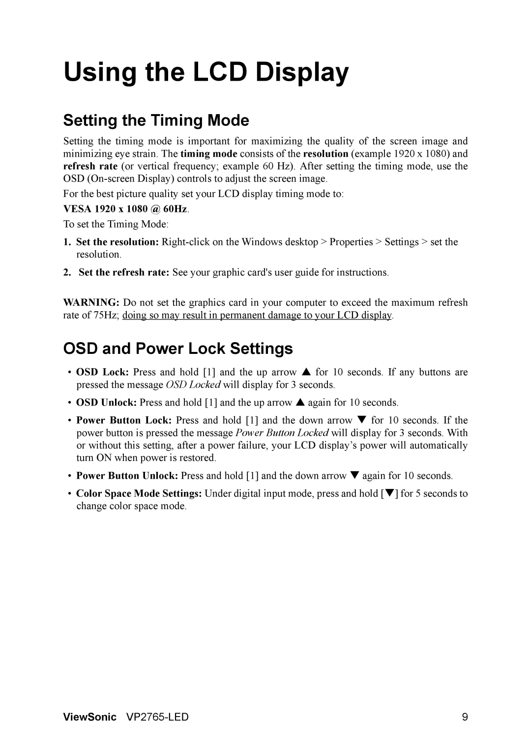 ViewSonic VP2765-LED warranty Setting the Timing Mode, OSD and Power Lock Settings 