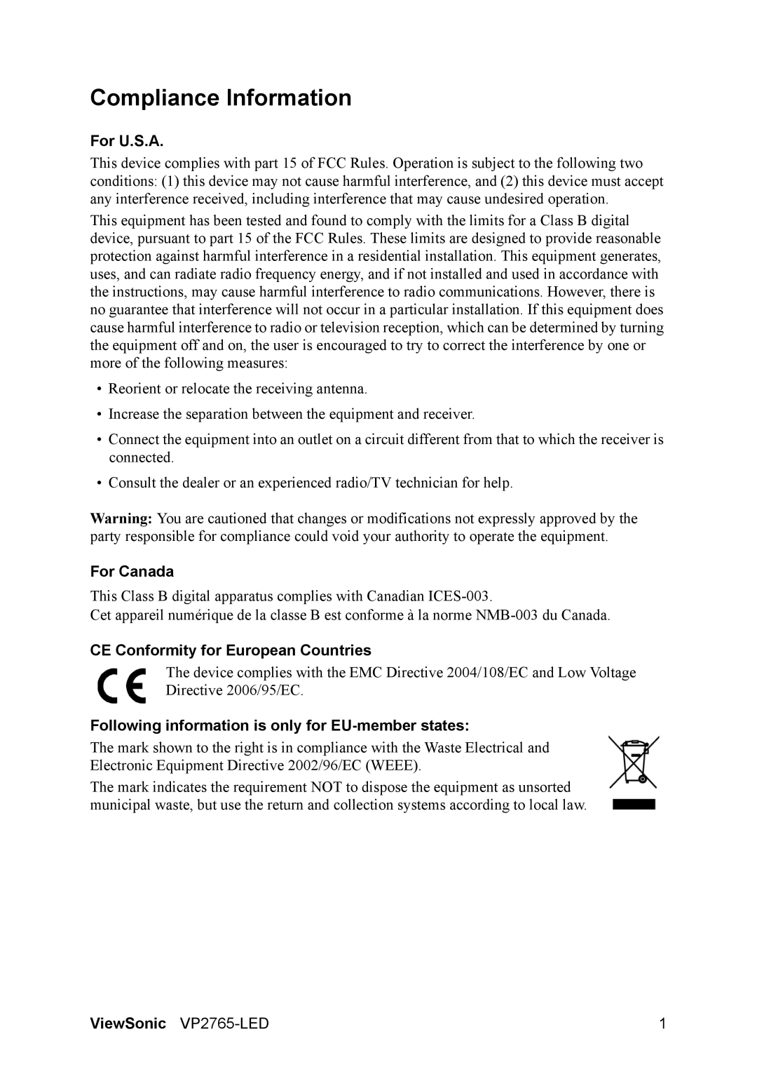 ViewSonic VP2765-LED warranty Compliance Information, For U.S.A, For Canada, CE Conformity for European Countries 