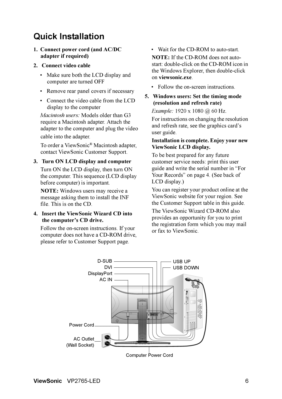 ViewSonic VP2765-LED warranty Quick Installation, Turn on LCD display and computer 