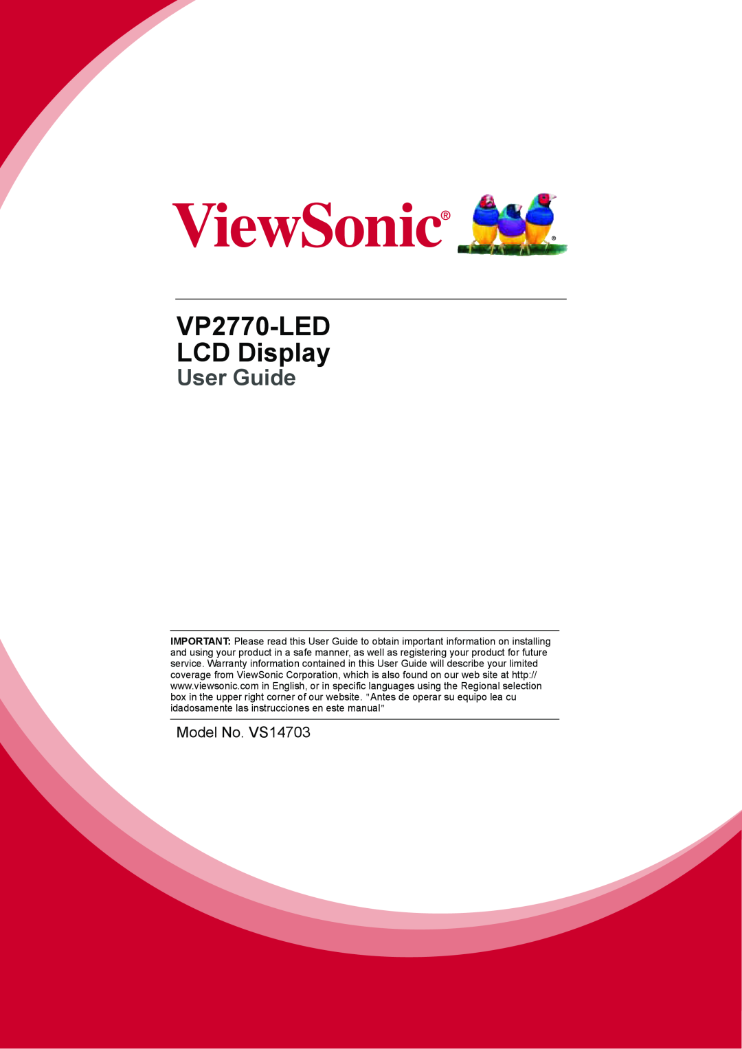 ViewSonic VP2770LED warranty VP2770-LED LCD Display, User Guide 