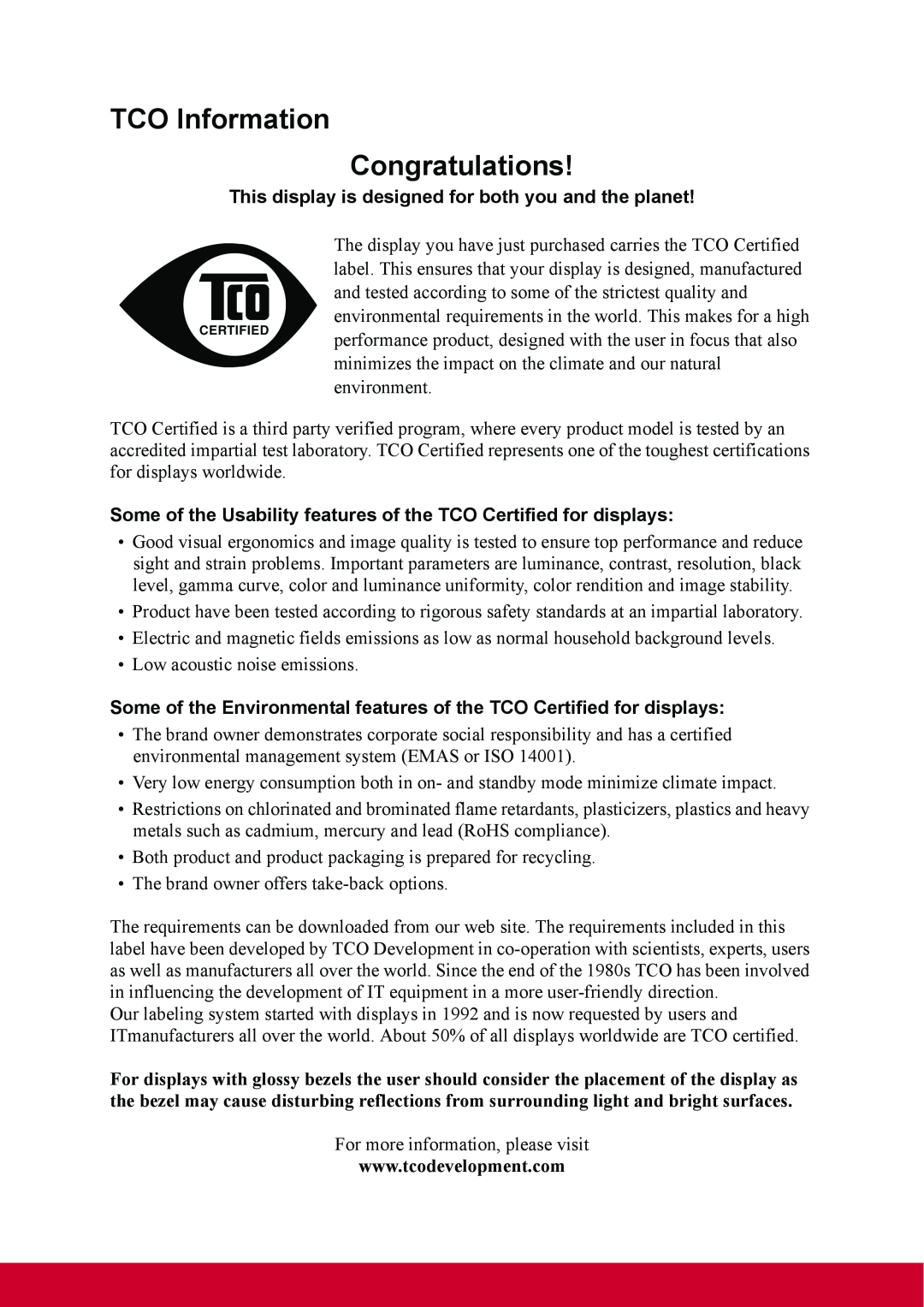 ViewSonic VP2770LED warranty TCO Information Congratulations 